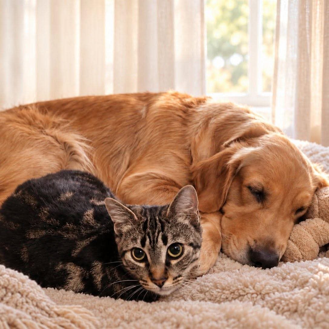 Shadow the tabby kitten curled up with Ginger
