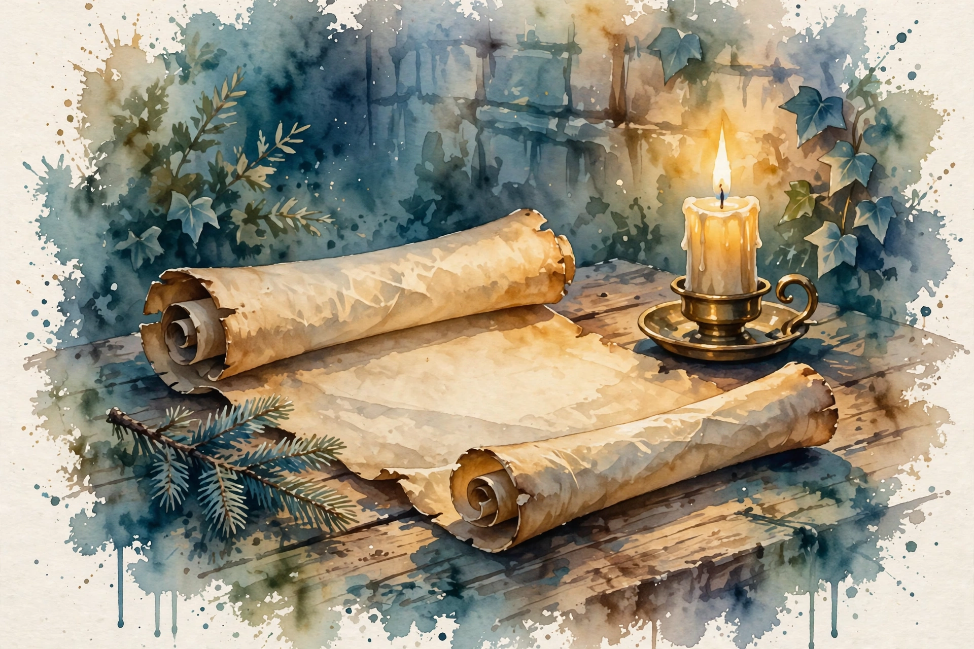 An old scroll open on a wooden table in candlelight, a sprig of evergreen beside it