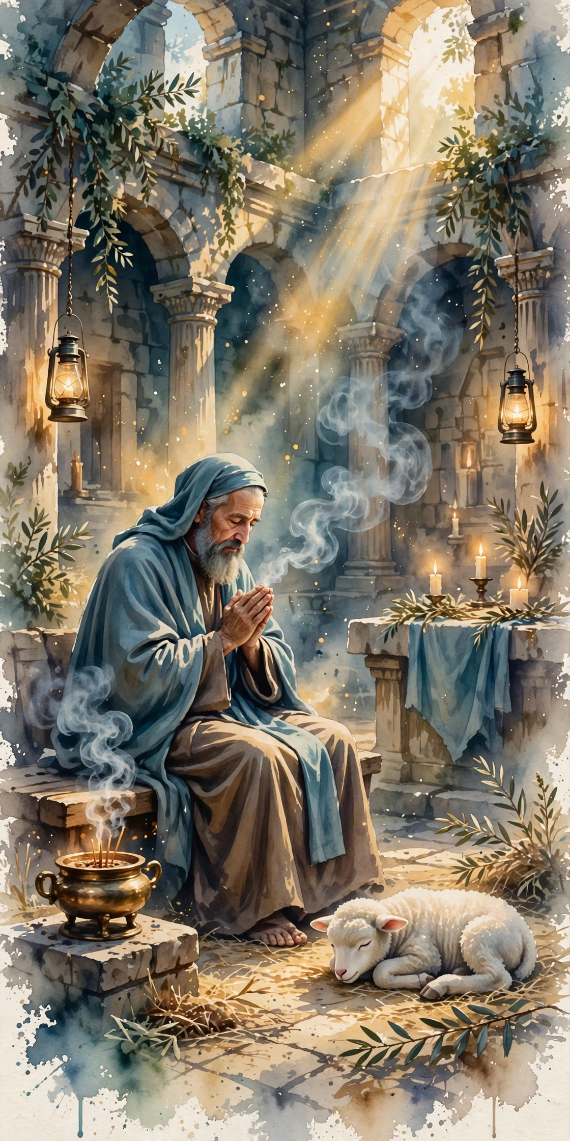 An elderly priest in the temple, soft light falling through incense smoke