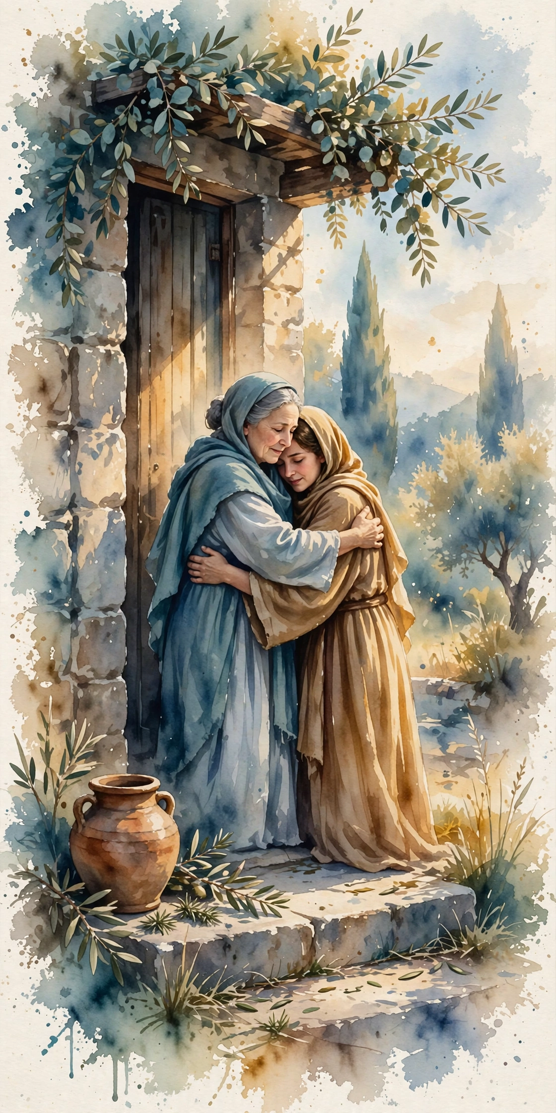 Two women embracing at a doorway in morning light, a clay water jar beside the step