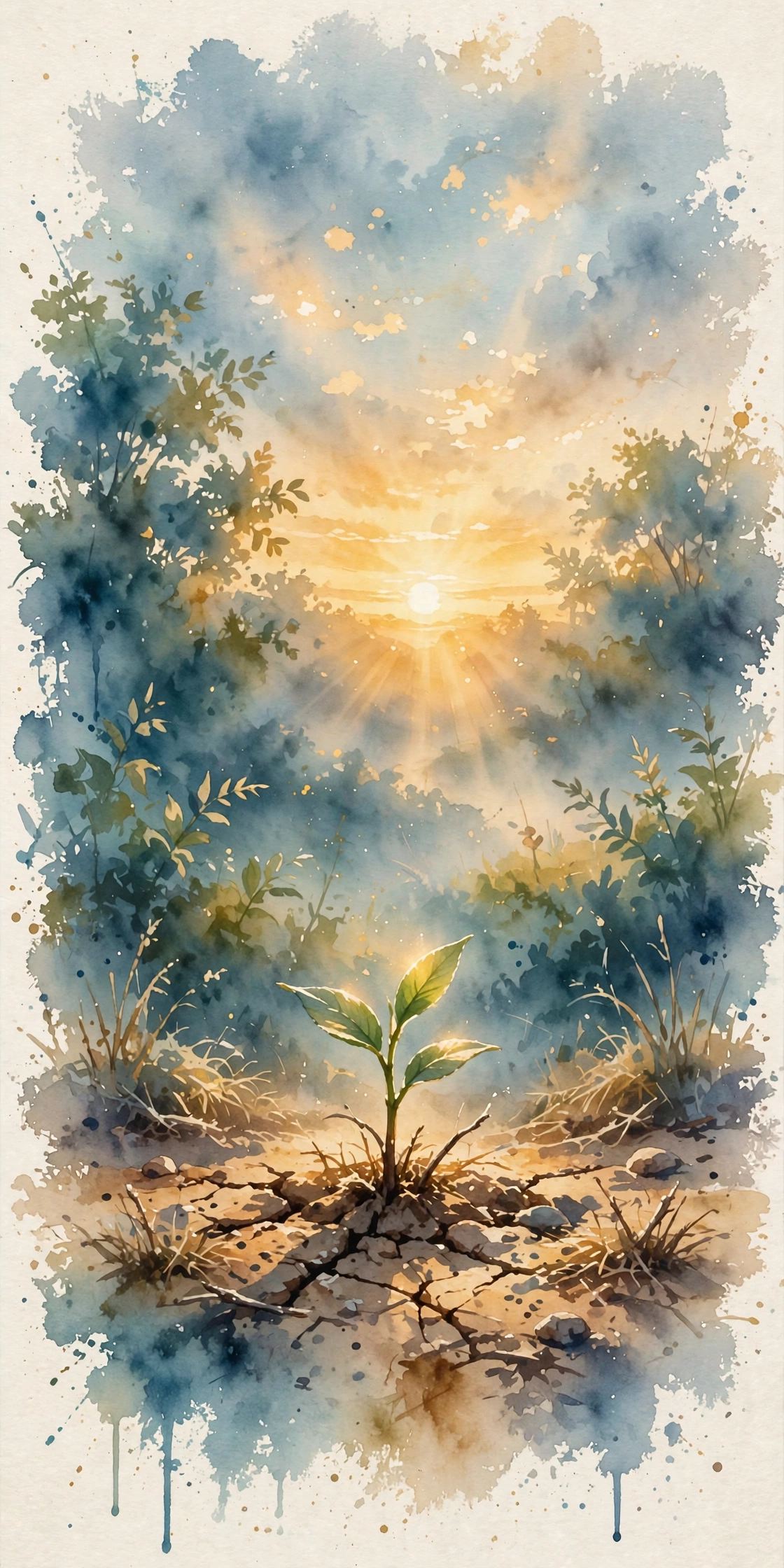 A small green shoot rising from dry ground, morning sun behind it
