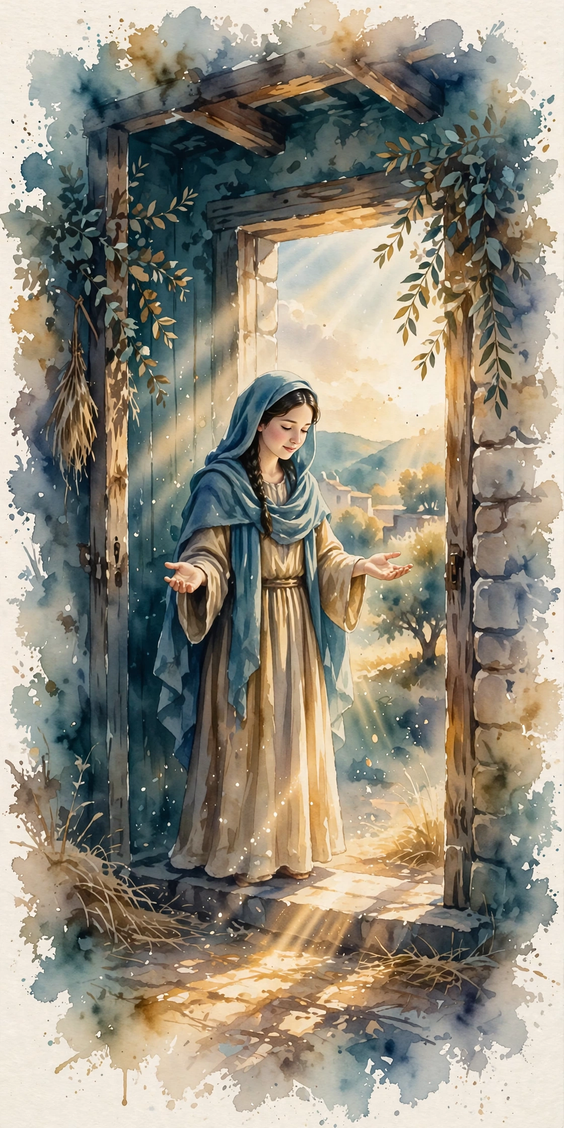 A young woman standing in a doorway with her hands open, light falling across the threshold