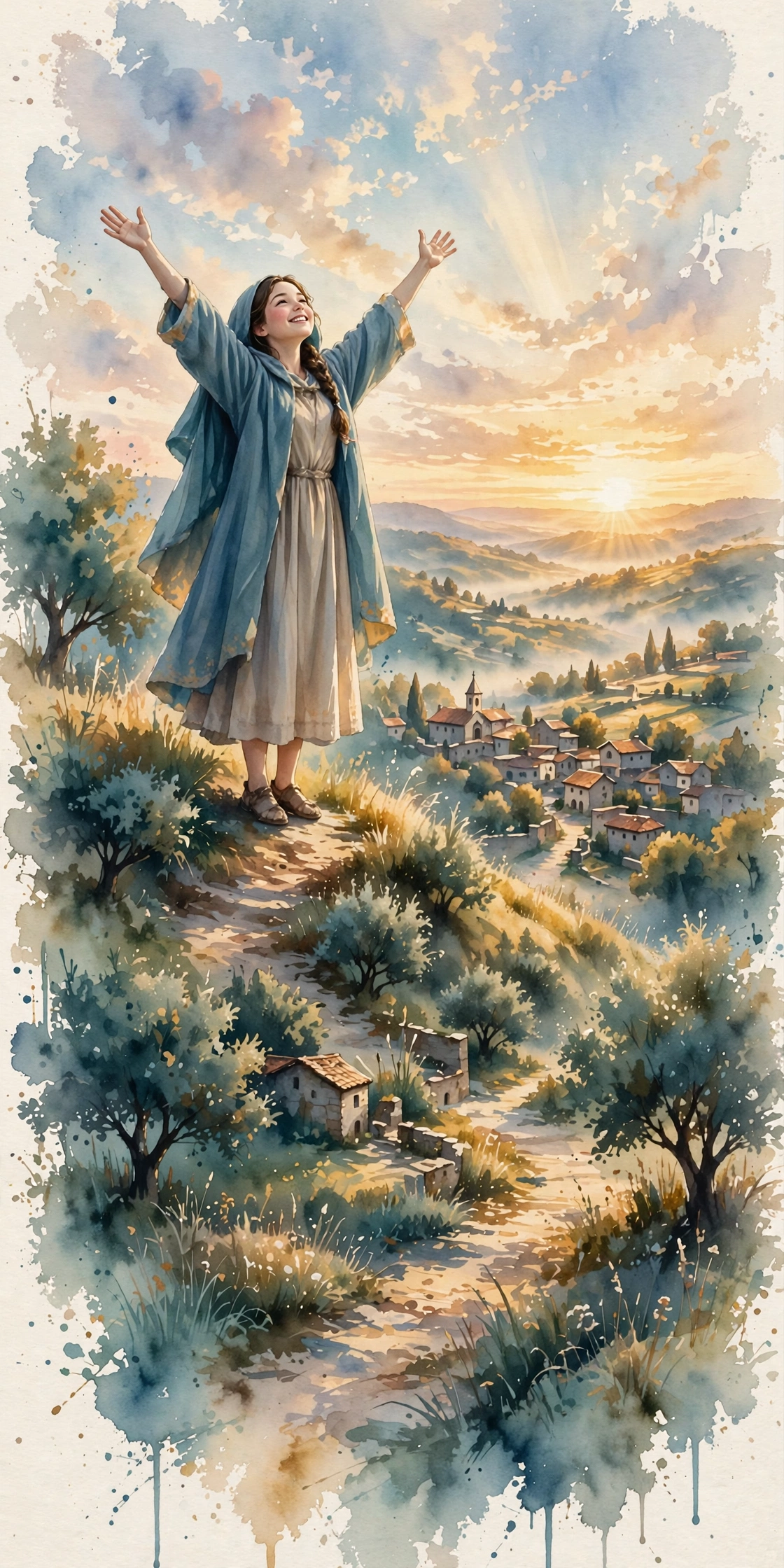 A young woman on a hill path at sunrise, arms lifted, a small village below