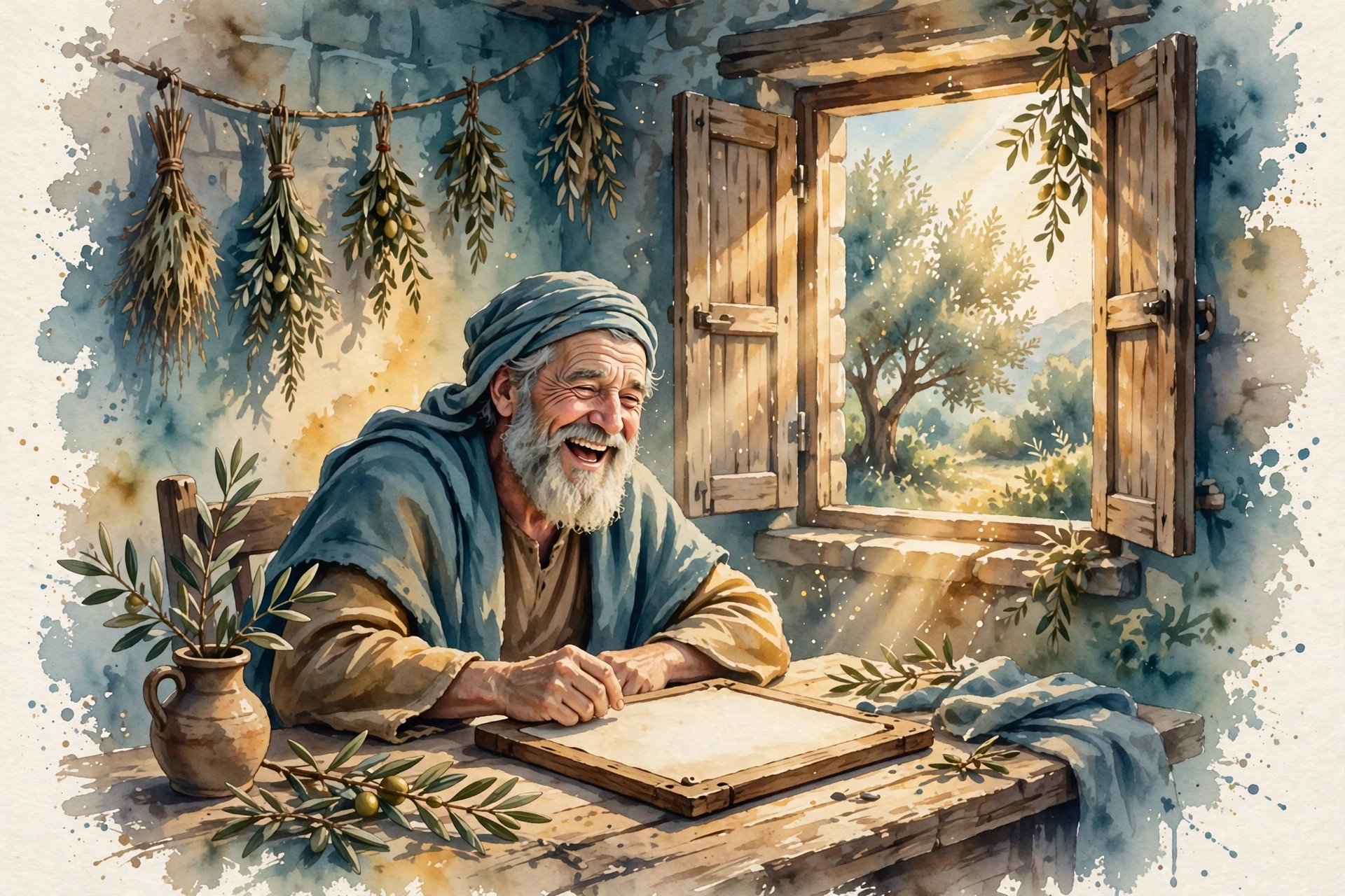 An old man at a table with a writing tablet, laughing with joy, sunlight through the window