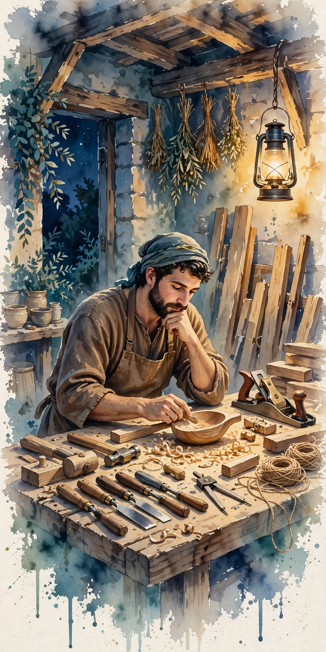 A carpenter at his workbench by lamplight, tools laid out neatly, a thoughtful look