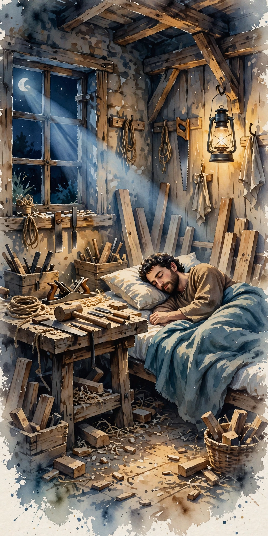 A man asleep in a carpenter’s home, a soft shaft of moonlight across the room