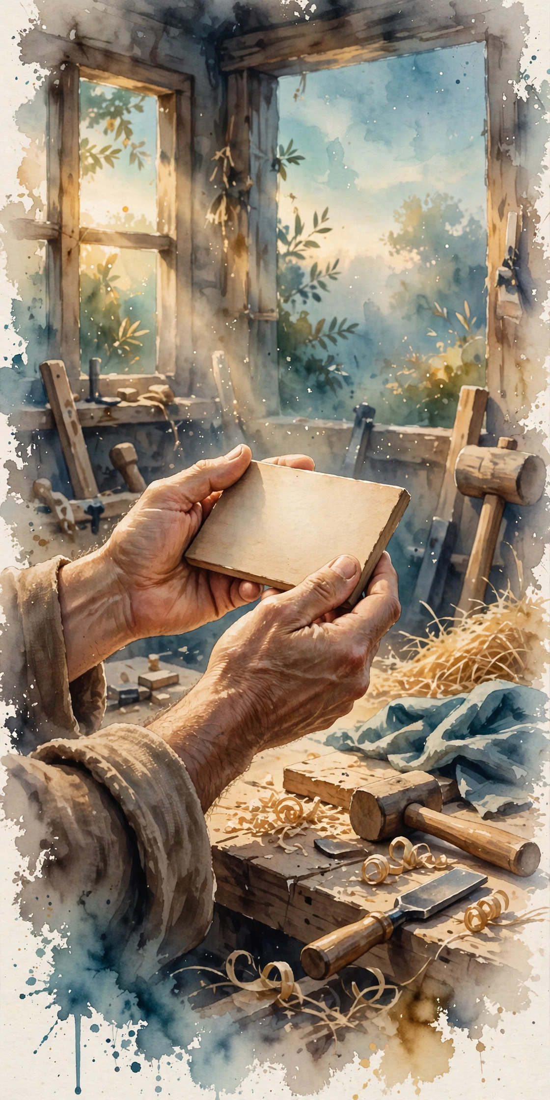 A carpenter’s hands holding a small wooden name tablet at dawn