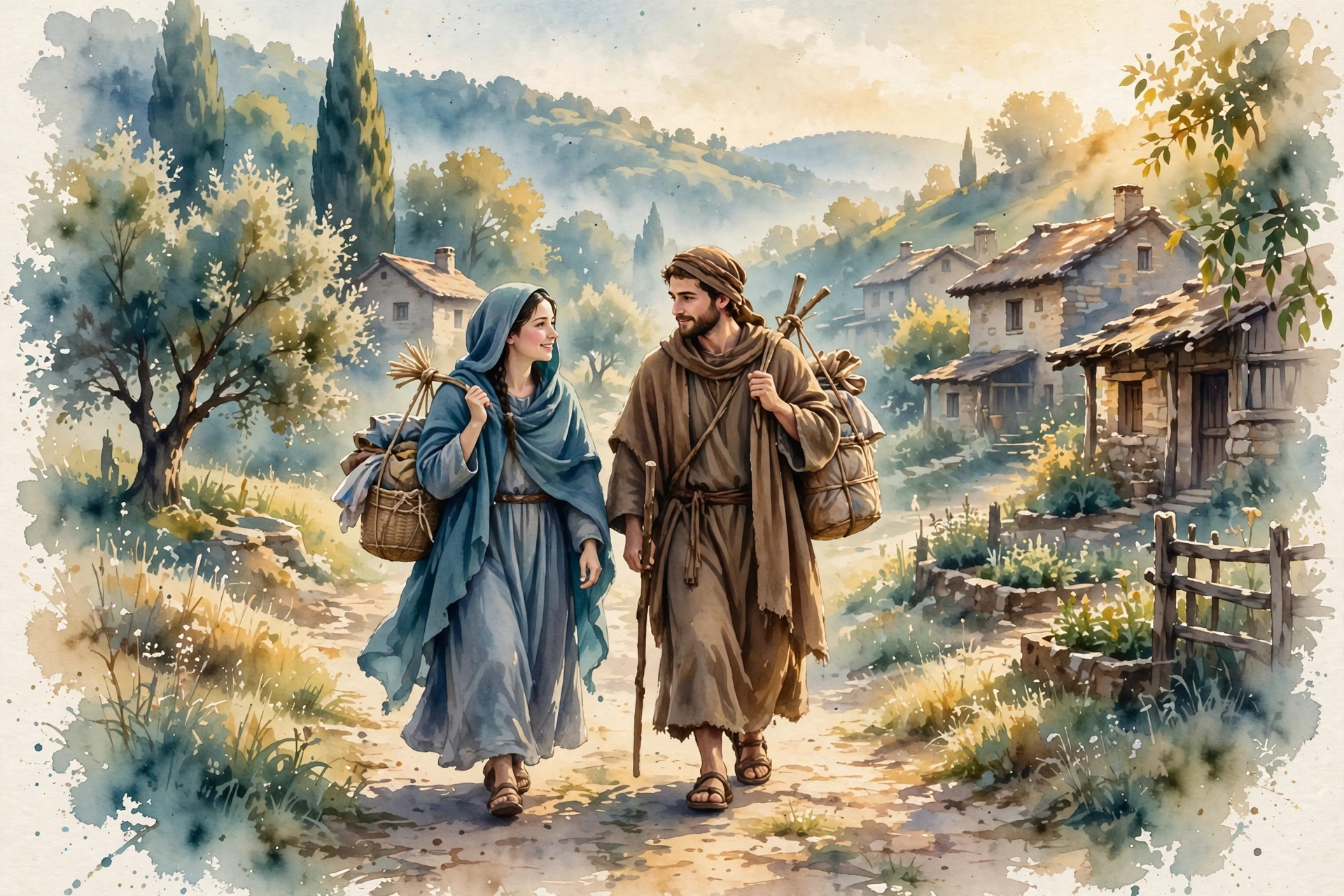 A man and woman walking together on a village path, carrying a small bundle, morning