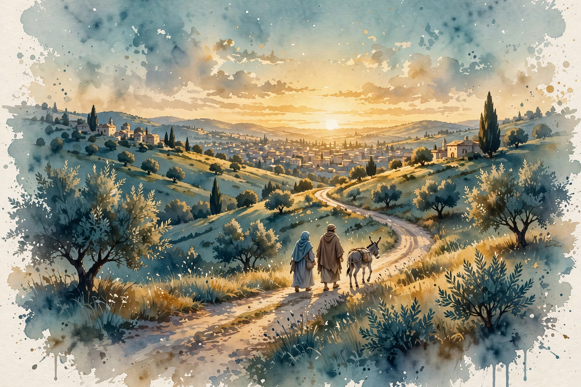 A winding hill road at golden hour, two small figures and a donkey walking toward a distant town