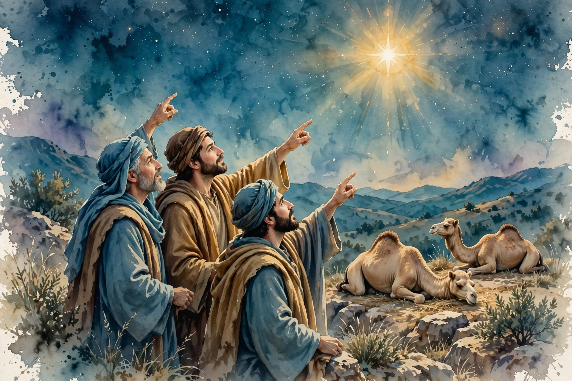 Wise travellers on a ridge at night, pointing at one brilliant star, camels resting behind them