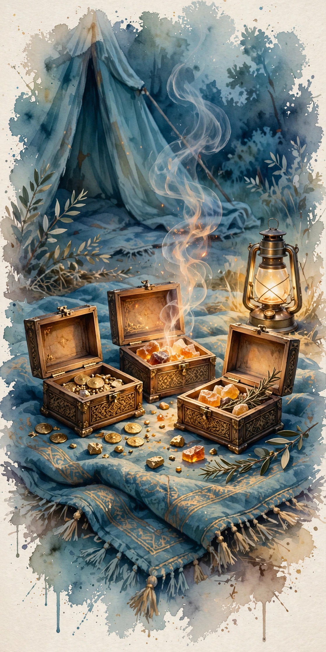 Three small ornate boxes open on a travelling blanket, gold pieces and fragrant resin catching firelight