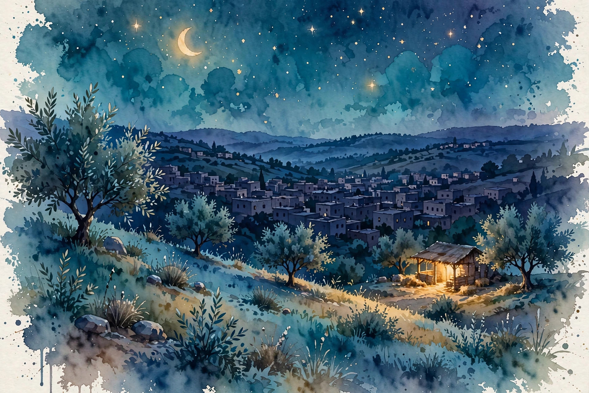 Bethlehem at night from a hill, windows dark, one stable glowing softly with lamplight