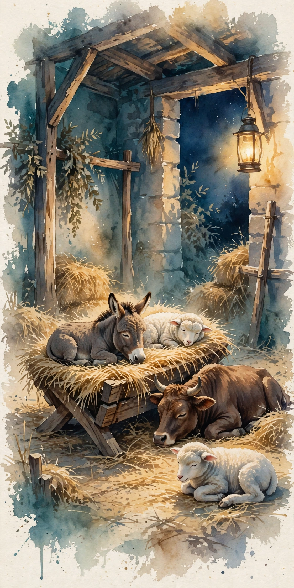 A quiet stable interior, a wooden manger with fresh straw, warm lantern light, animals resting
