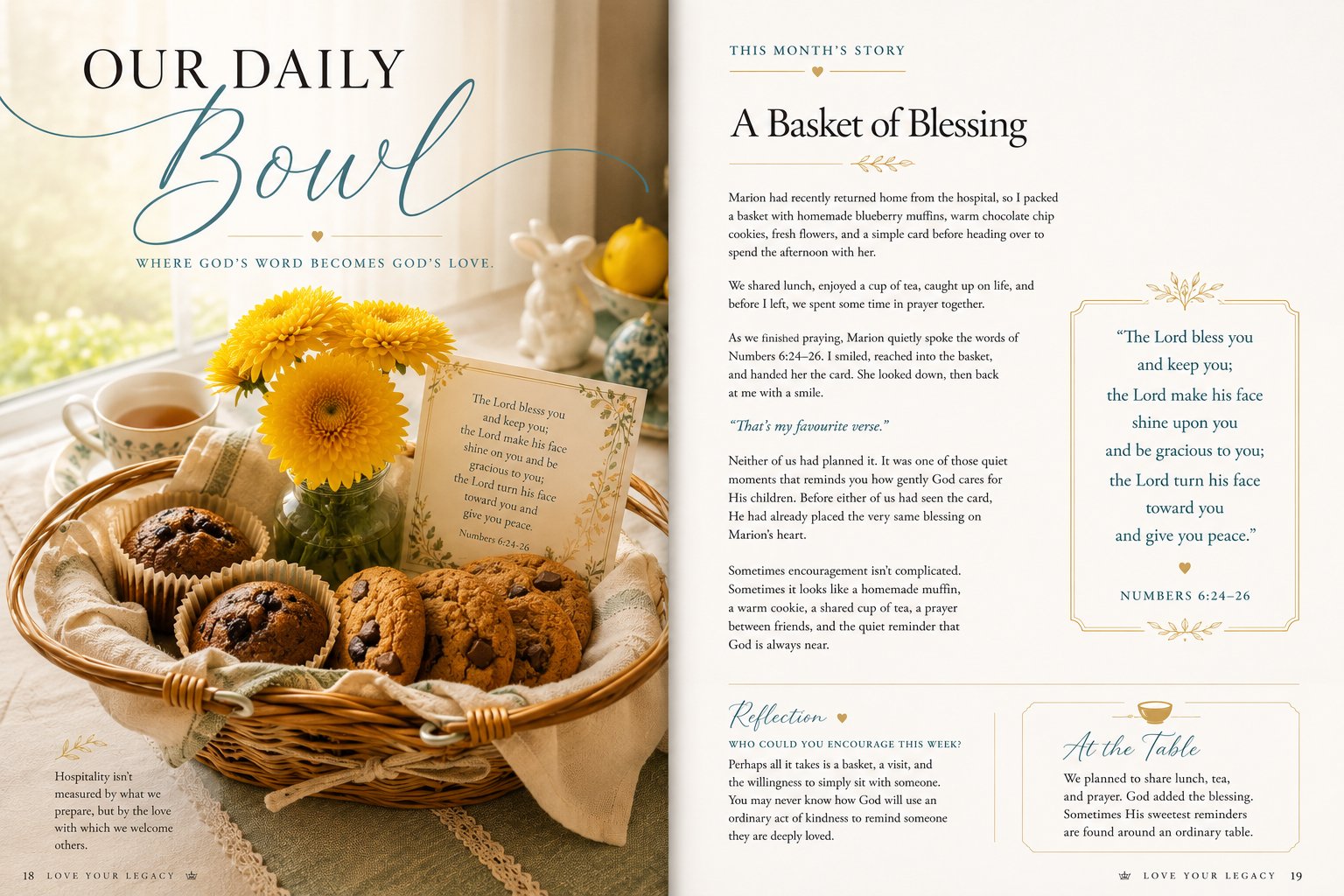 A Basket of Blessing: a wicker basket with homemade muffins and cookies, yellow flowers, and a blessing card, from Our Daily Bowl