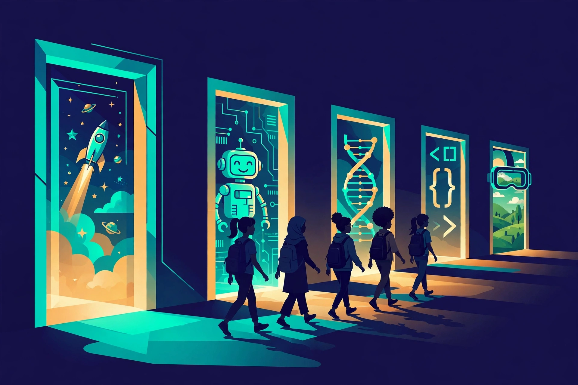 Illustration of five glowing doorways, space, robotics, DNA, code, and a virtual-reality landscape, with girls walking toward them