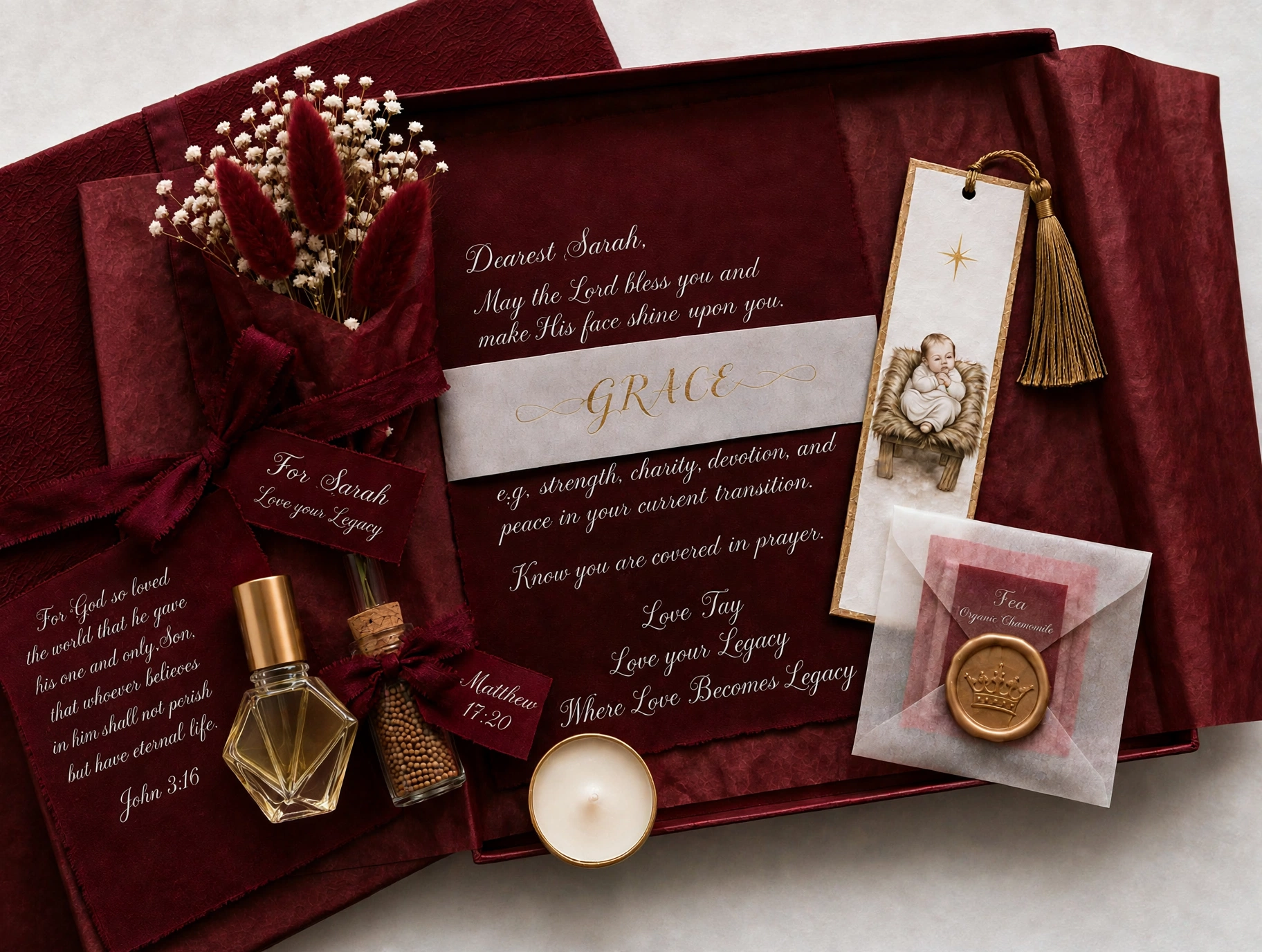 The Letter by Tay introductory box in deep burgundy and gold, personalised for Sarah