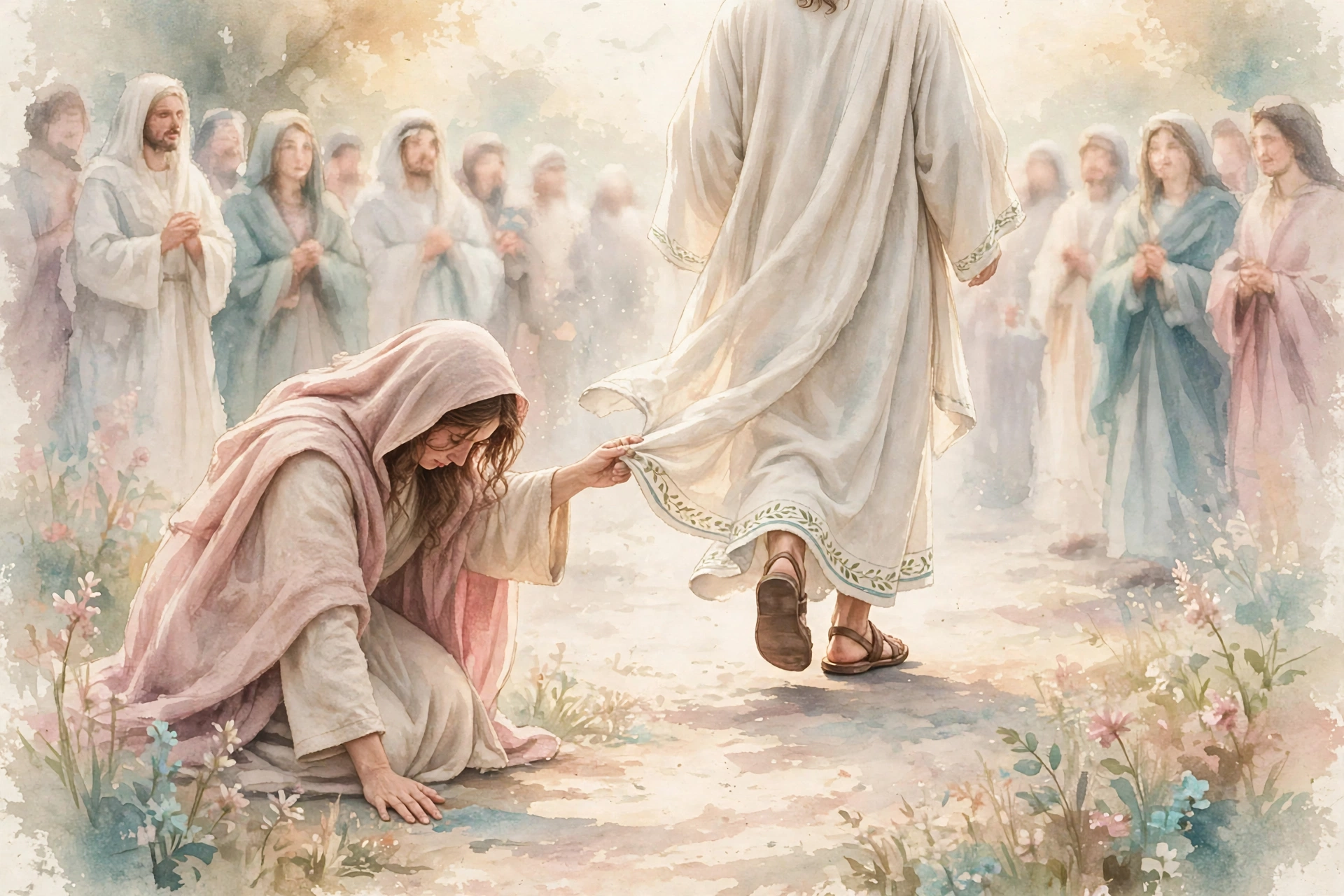 A woman with her head bowed, one hand on the ground, reaching for the hem of Jesus' garment