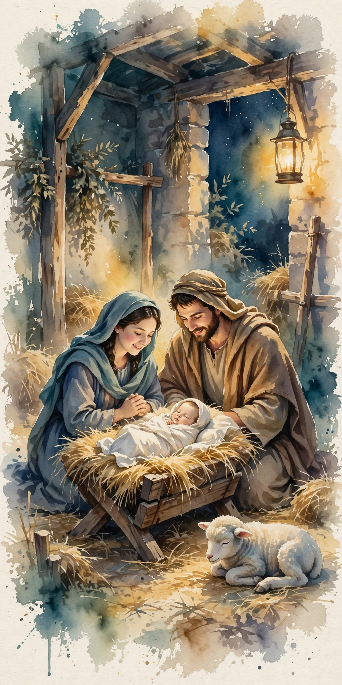 The baby in the manger, Mary and Joseph close beside Him, soft golden light filling the stable, a lamb resting near