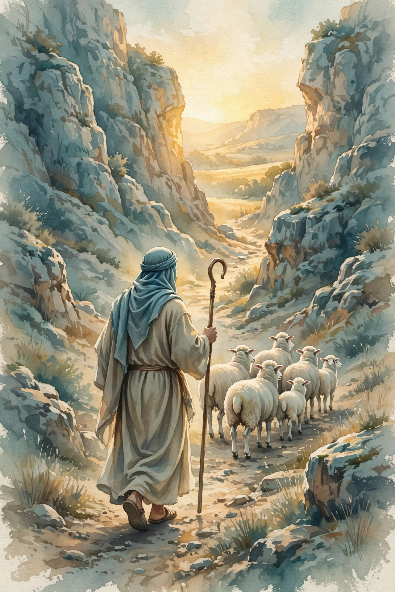 A shepherd leading his sheep through a rocky valley toward the light