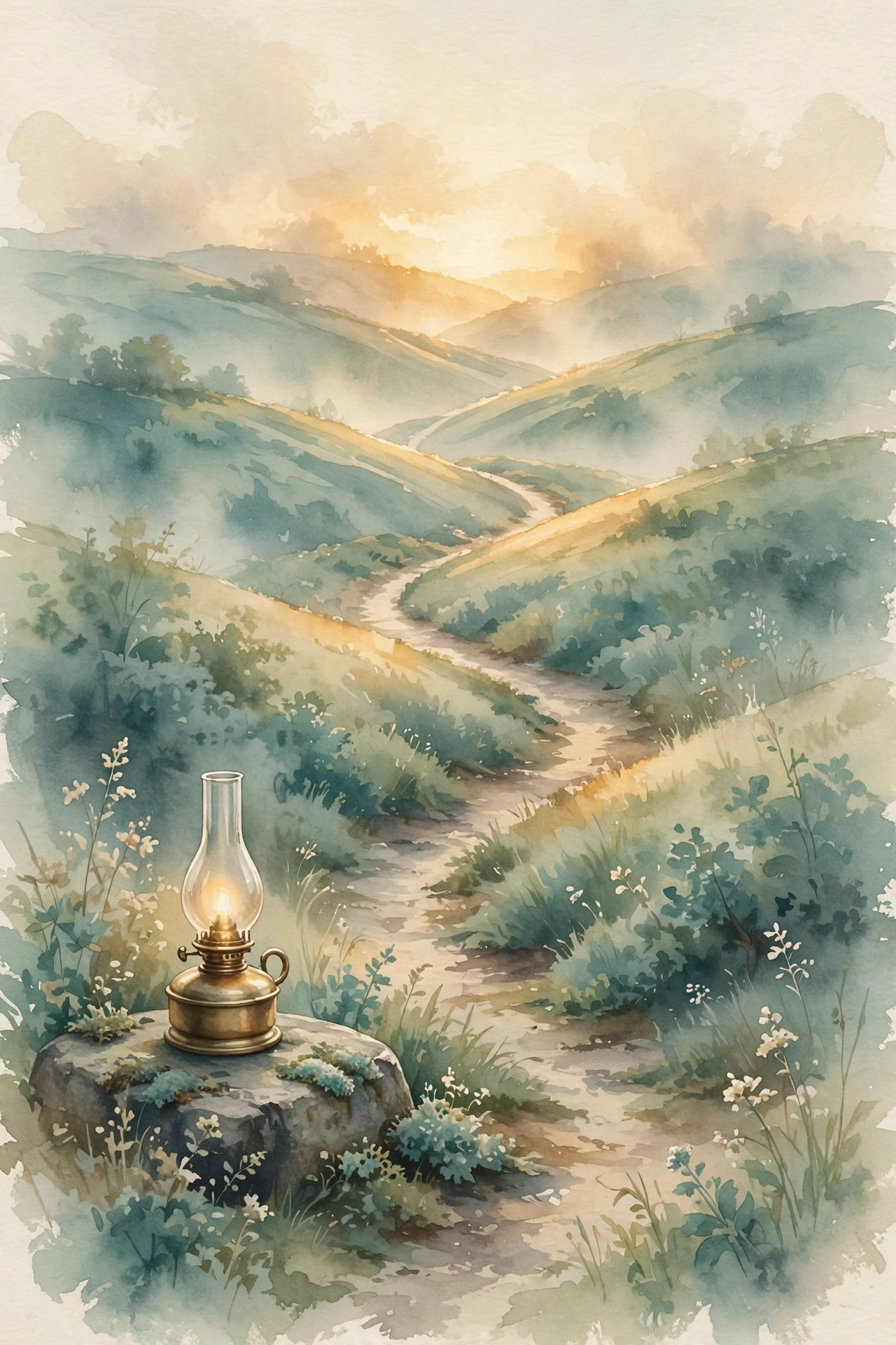 Watercolour of a path through hills at dawn with a lamp