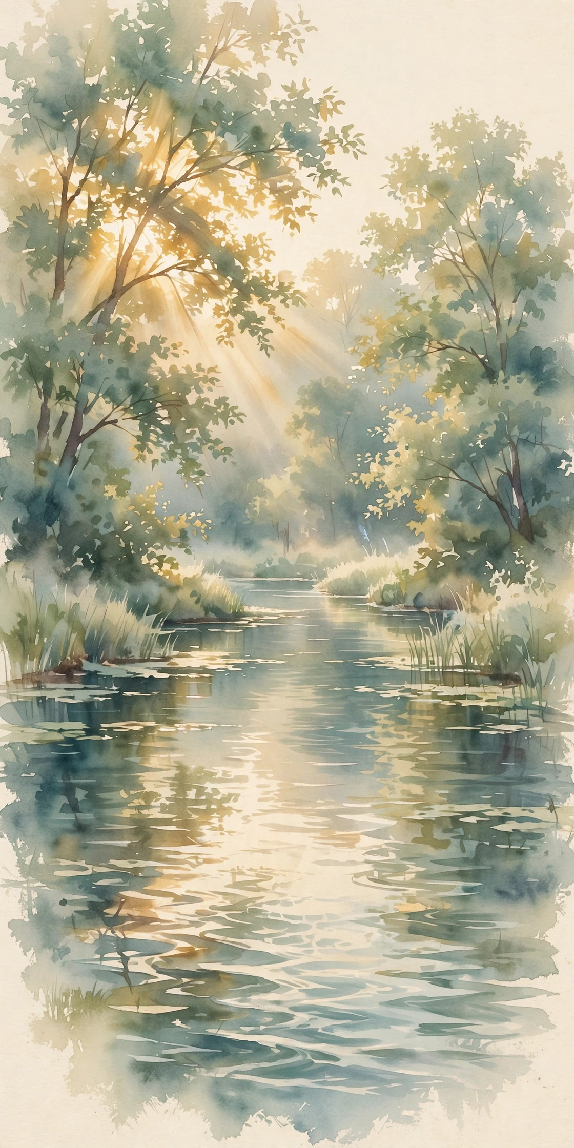 Watercolour of a quiet river in morning light