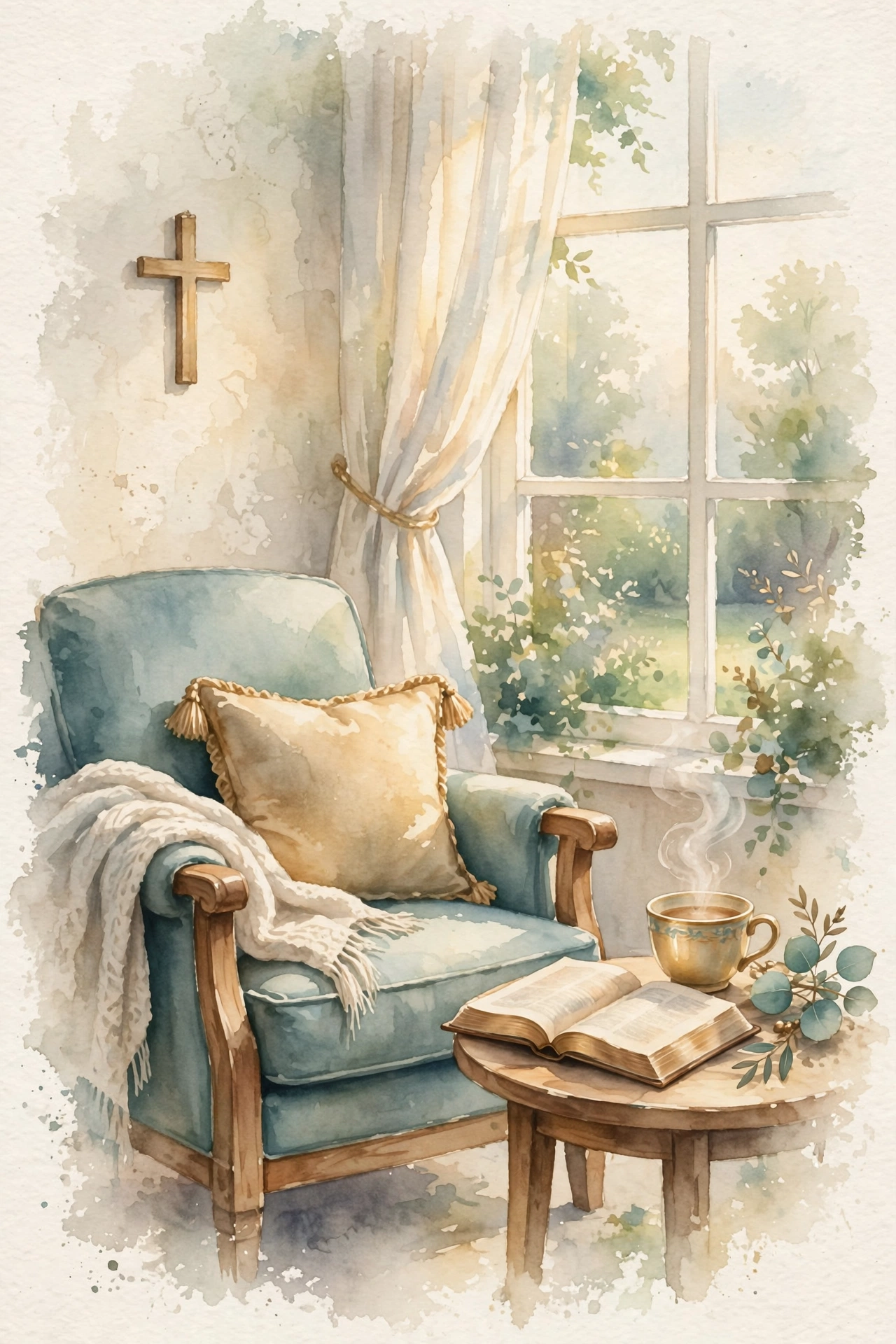 Watercolour of a chair by a window with an open book and tea