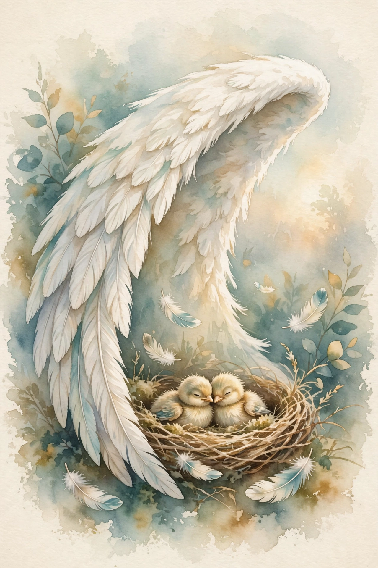 Watercolour of a great white wing sheltering a nest