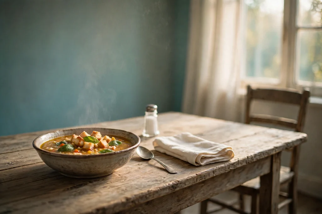 A bowl of homemade soup still steaming on a wooden table, garnished with croutons and fresh basil, a spoon laid down beside the bowl, a folded linen napkin, a salt shaker in the middle of the table, and an empty chair across from it, in soft window light.