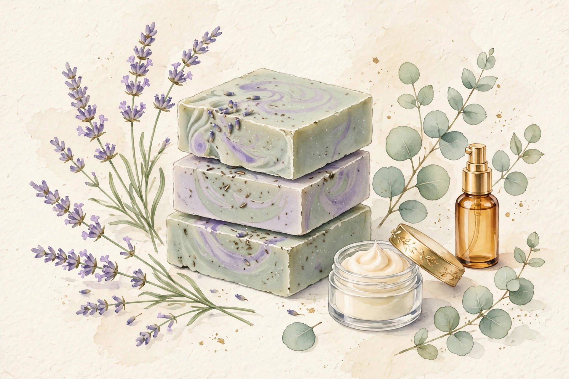 Watercolour illustration of natural soaps, lavender and balm