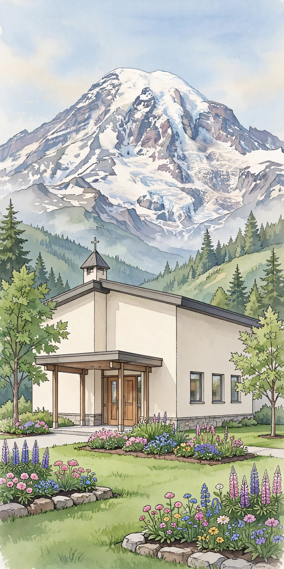 Watercolour illustration of CLA Church, Christian Life Assembly in Abbotsford BC