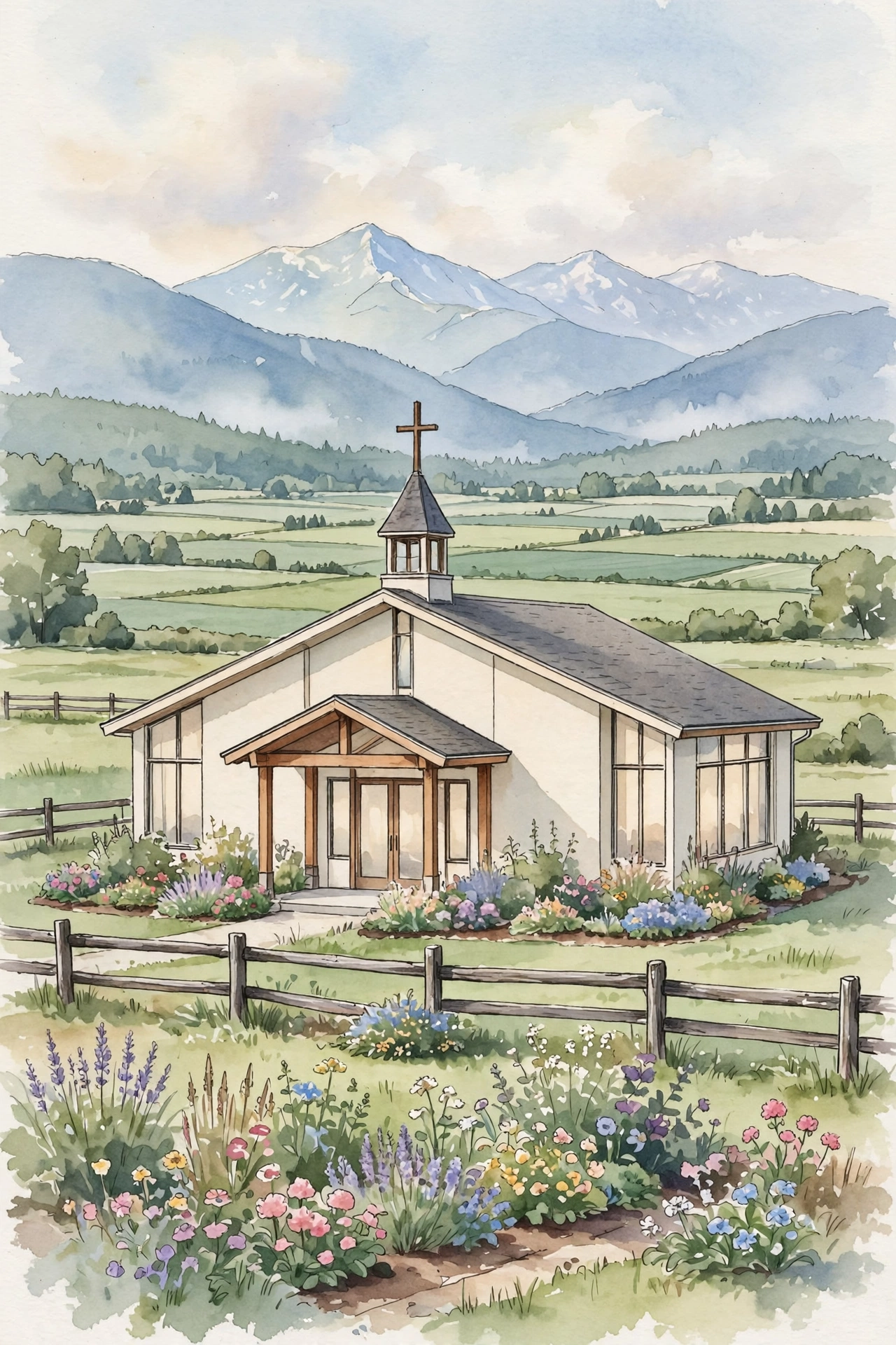 Watercolour illustration of CLA Church, Christian Life Assembly in Langley BC