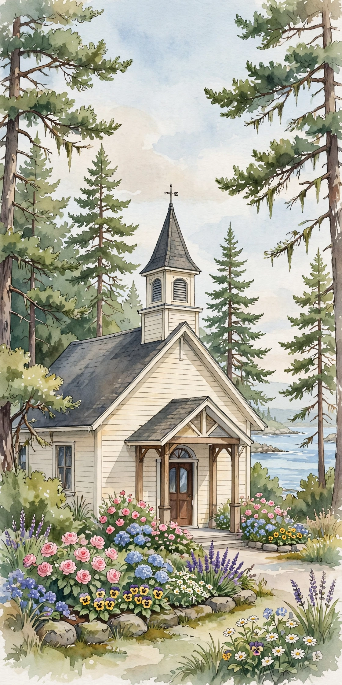 Watercolour illustration of CLA Church, Christian Life Assembly in Sooke BC