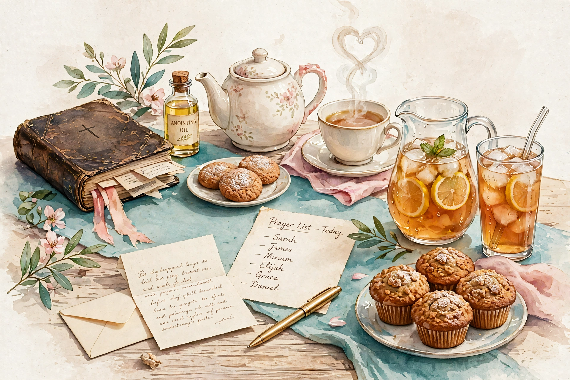 A prayer warrior mama's kitchen table: a worn Bible, anointing oil, tea, sweet tea, cookies, muffins, a prayer list, and a letter with a gold pen